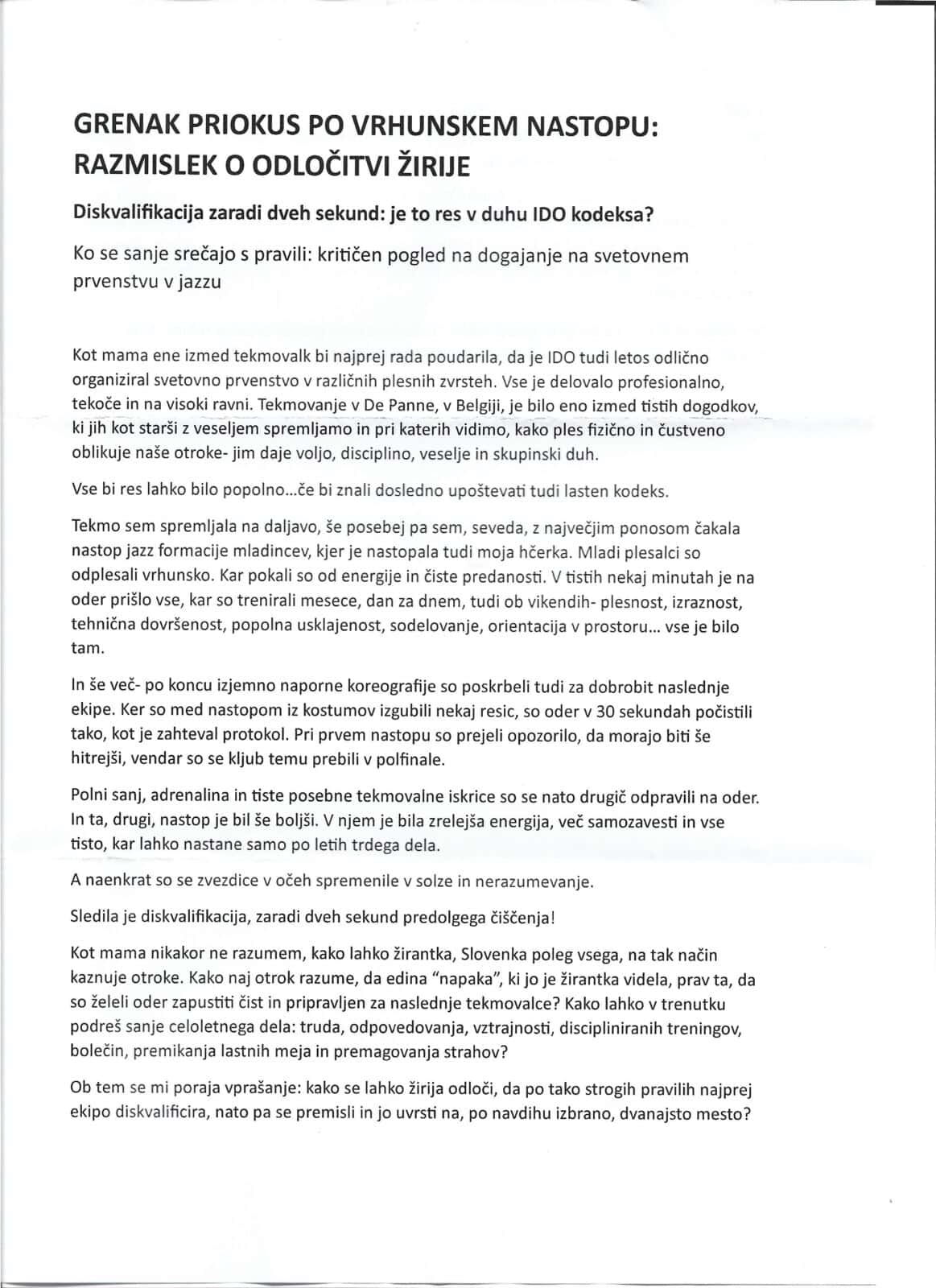 Dve usodni sekundi zaradi odpadlih resic in predolgega čiščenja odra! Slovenska sodnica in podpredsednica mednarodne plesne zveze IDO Fiona Johnson je na svetovnem prvenstvu diskvalificirala jazz formacijo iz Kazine!